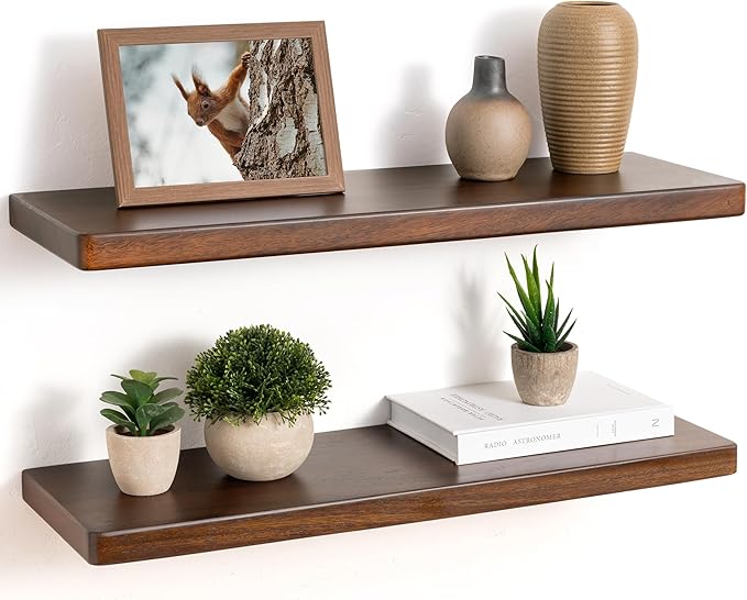 24" Rustic Walnut Wood Floating Shelves, 8 Inch Deep Wall Shelves for Home Decor, Wall Mounted Floating Shelf with Invisible 