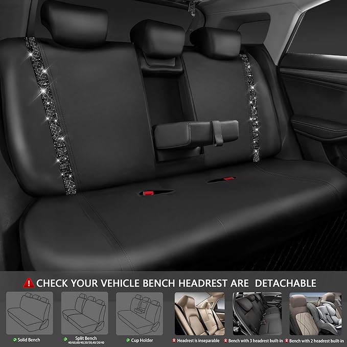 CAR PASS Bling Diamond Car Seat Covers,Shining Rhinestones Waterproof Faux Leather, 8 Seats 3 Rows with Zipper Glitter Crystal Sparkle Strips Universal Fit 95% MPV,SUV,CAR for Women Girl, Black