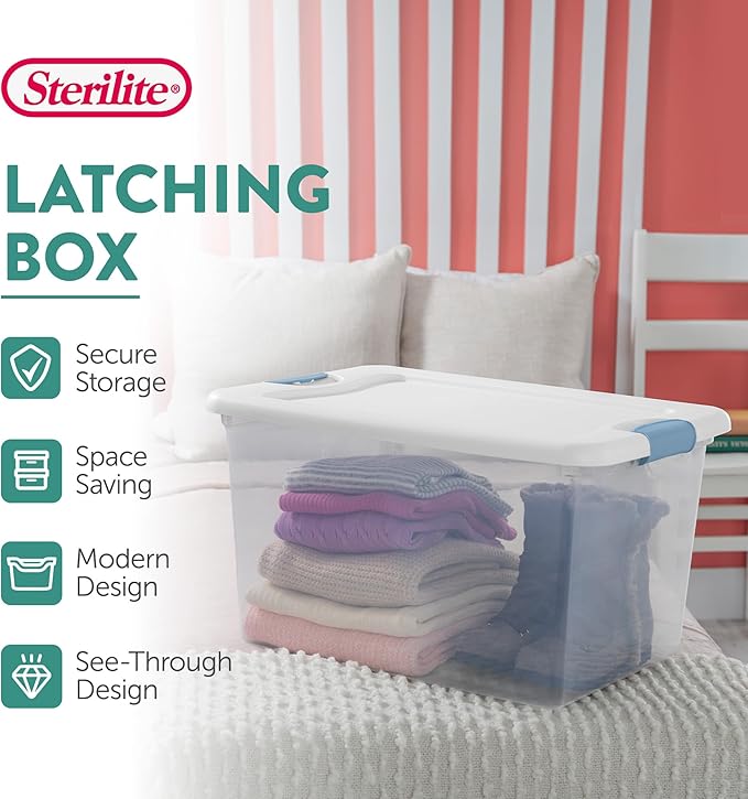 Sterilite 4-Pack 64 Quart Latching Box, Clear Plastic Storage Organizer Bins with White Lids - Large Stackable Containers for