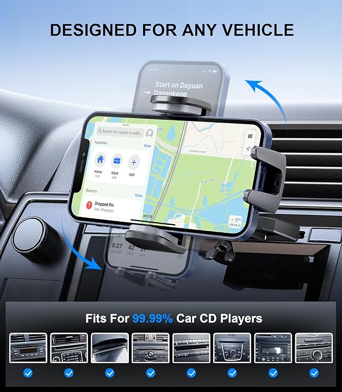 Car Phone Holder, Universal CD Slot Phone Mount, Hands Free Automobile Cell Phone Stand, 360° Adjustable Phone Mount for Car Compatible with iPhone & Android Cell Phones (Black)