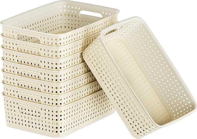 FUCDTEFC White Plastic Basket, 8 Pack Home Organization and Storage Baskets with Handles, Space Saving Woven Organizer Bins P