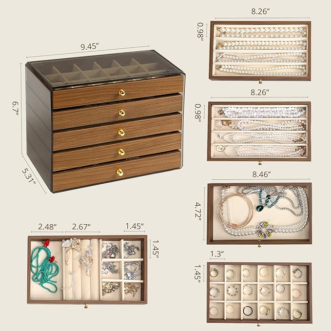 CLUQMEIK 5 Layer Large Wooden Jewelry Box with Acrylic Lid and Wooden Drawers, Stackable Jewelry Organizers and Storage Box f