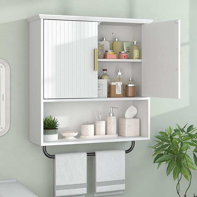 Bathroom Wall Cabinet with Towel Bar, 2 Doors & Adjustable Shelves - Space Saving Wood Wall Mounted Medicine Cabinet Storage 