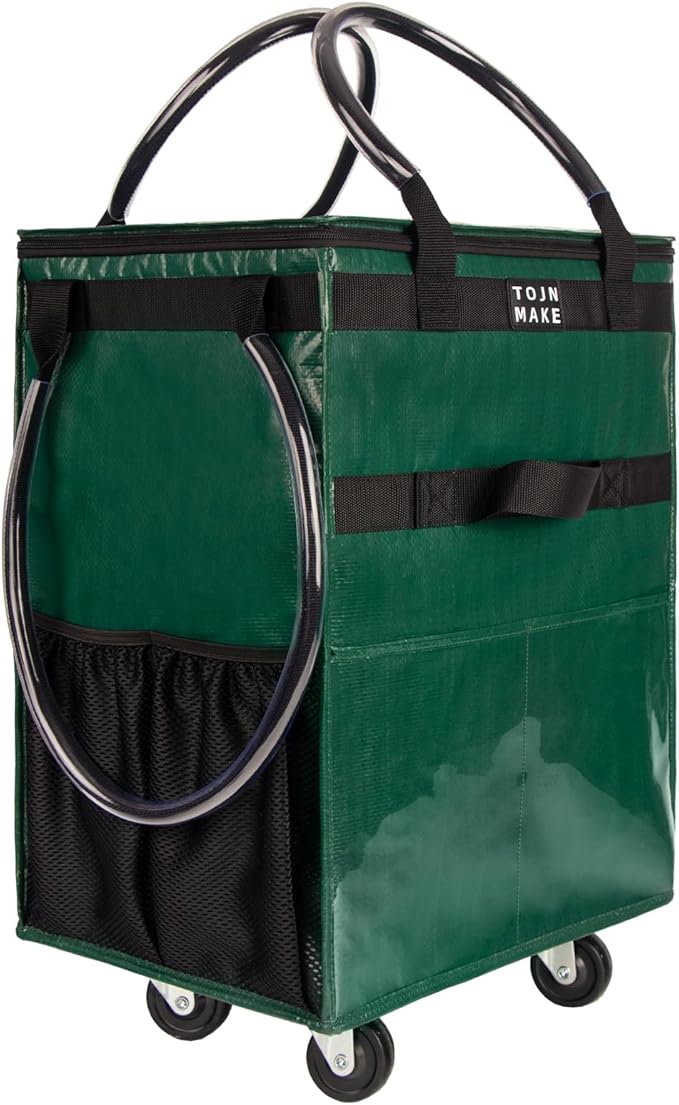 Reusable Grocery Bag On Wheels (Large, Green) Shopping Trolley with 8 Pockets and Zipper Cover Foldable Rolling Tote, Heavy Duty Handles, Carries Up to 66 LBS
