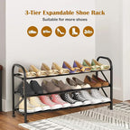 3-Tier Expandable Shoe Rack for Closet，Adjustable Shoe Rack，Black Metal Free Standing Shoe Rack for Entryway Closet Doorway