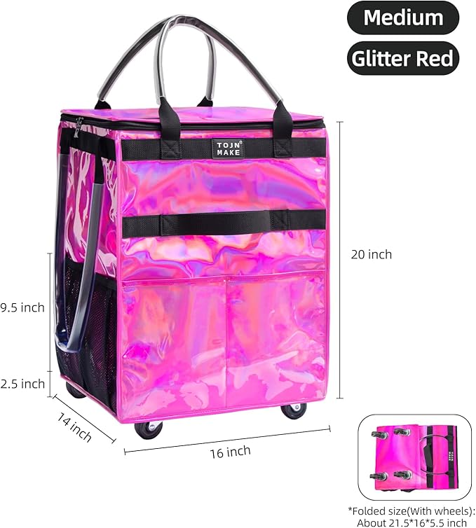 Reusable Grocery Bag On Wheels (Medium, Glitter Pink), Shopping Trolley, Rolling Tote with 8 Pockets and Zipper Cover, Foldable, Heavy Duty Handles, Carries Up to 66 LBS