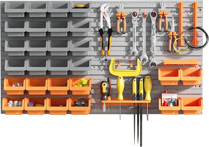 DURHAND Wall Mounted Storage Bins, 44PC Pegboard Tool Organizer Rack Kit Garage Plastic Shop Tool, Orange