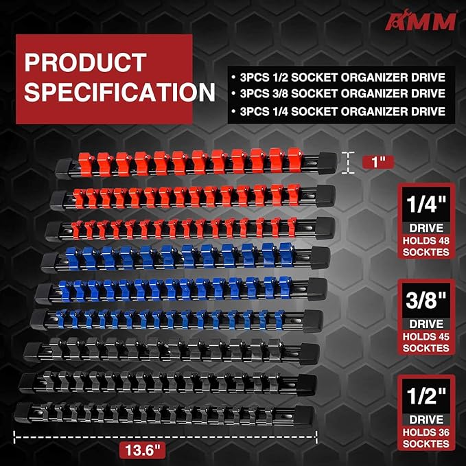 AMM 9-Piece Socket Organizer, 1/2 inch, 3/8 inch and 1/4 inch Drive ABS Tools-Socket Holder,Heavy Duty Socket Racks, Premium 