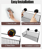 Wall Mounted Wire Basket, Black Metal Storage Organizer with Suction Cups for Kitchen Bathroom