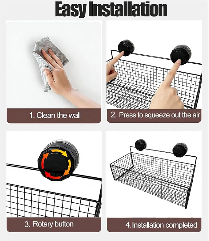 Wall Mounted Wire Basket, Black Metal Storage Organizer with Suction Cups for Kitchen Bathroom