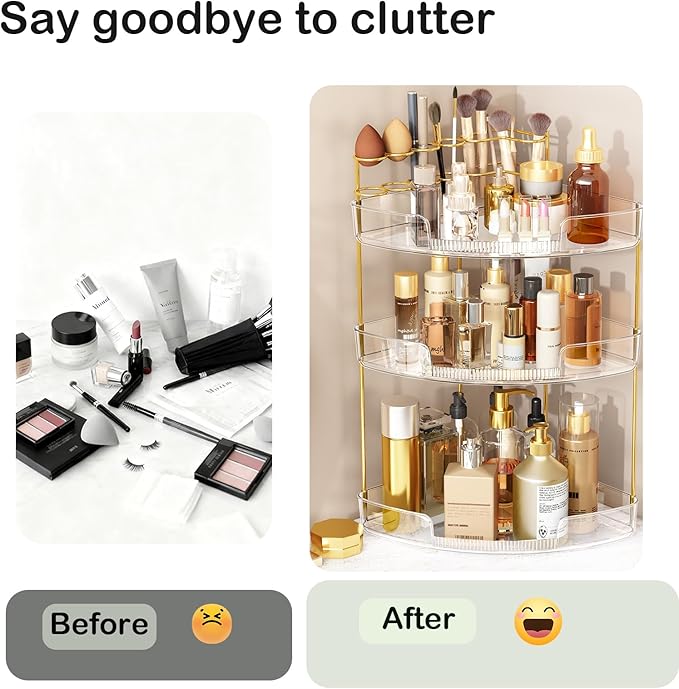 FELIZHOUSE 3-Tier Makeup Organizer for Vanity & Bathroom Countertop – Acrylic Storage Shelf with Perfume Tray & Makeup Brush 