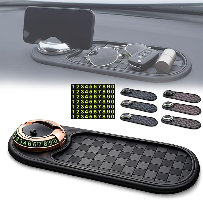 4-in-1 Multi-Functional Support Anti-Slip Pad, 360° Rotating Car Phone Holder Pad with Temporary Parking Number Plate, All-in