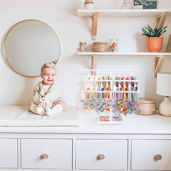 POVETIRE Headband Holder Stand Storage for Baby, 3 Tier Wooden Bow Organizer for Girls Hair Bows, Infant Hair Accessories Rac