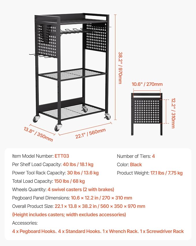 VEVOR 4-Tier Tool Organizer Cart, 150 lbs Load Capacity, Floor Stand Rolling Drill Holder and Stability Storage Rack, Heavy D