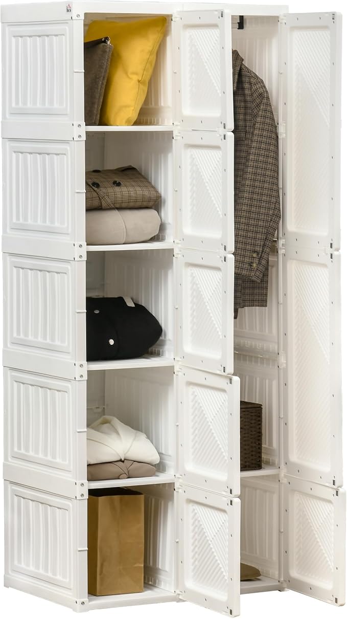 HOMCOM Portable Wardrobe Closet, Folding Clothes Storage Organizer with 6 Cube Compartments, Hanging Rod, 8 Magnet Doors, Whi