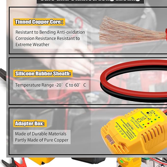 TPDL Heavy Duty Battery Jumper Cable Clamps for DeWalt 20v Battery, Convert to Jumper Starter Automotive Booster with 11AWG Cables,Parrot Clips, Power for Quick Charging Connector
