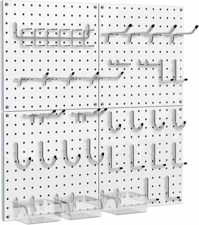 Peg Board, 68PCS Heavy Duty Metal Pegboard with Hooks, 4 Pack White Peg Board Panels, 50lbs Load Capacity Each, Pegboard Wall