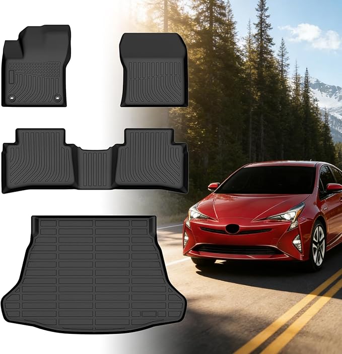 Floor Mats for Toyota Prius 2016 2017 2018 2019 2020 2021 2022(NOT for Prius c & Prius v &Hybrid), Front Rear Mats & Cargo Liner, TPE Non-Slip Waterproof Summer Winter Car Accessories