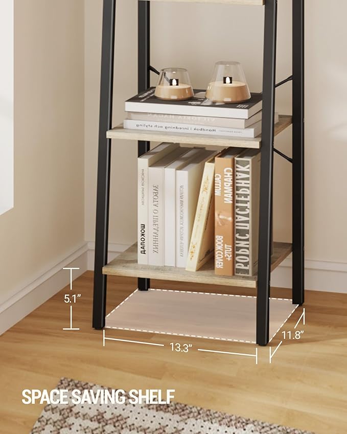 Hzuaneri Ladder Shelf, Bookshelf Bookcase, Freestanding Corner Storage Shelve with 2 Hooks for Home Office, Living Room, Kitc