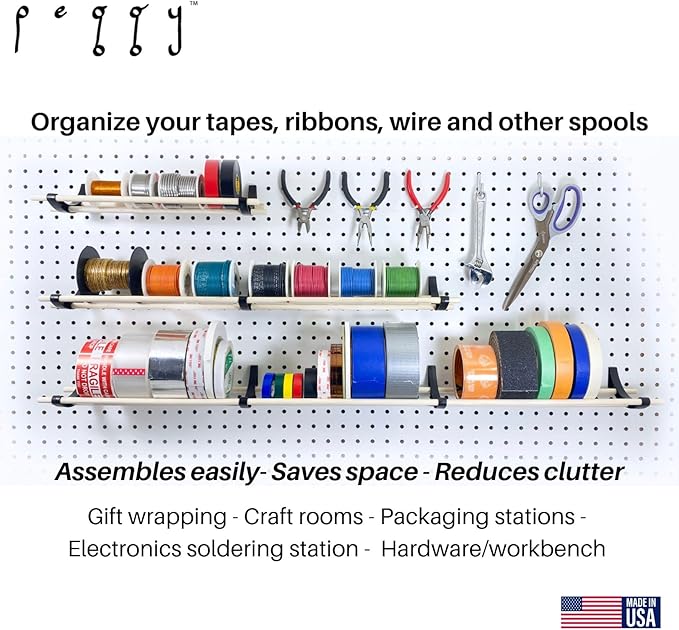 PEGGY Pegboard Accessory Hook and Dowel Organizer Storage for Tape, Steel Wire Spools, Ribbon, Crafts, Hobby, 12” kit (6pk)