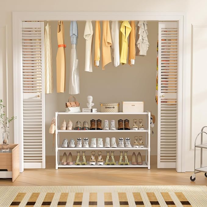LUKYTOWER Extra Long Shoe Rack 4 Tier Shoe Storage Organizer with 2 Hooks, Wide Stackable Shoe Organizer Racks for Closet Ent