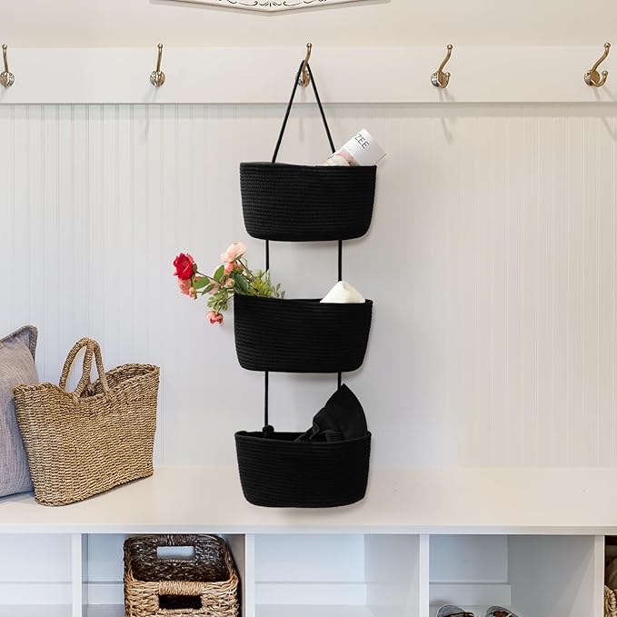 TeoKJ Over the Door Hanging Basket, 3-Tier Woven Cotton Wall-Mounted Storage Organizer Bag Decorative Hanging Nursery Baskets