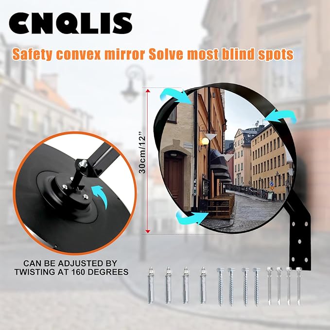 CNQLIS 12 Inch Convex Mirror Outdoor with Adjustable Wall Fixing Bracket,Blindspot Traffic Mirror for Driveway Garage Park Outdoor Wide Angle View Curved Security Blind Spot Mirrors（2Pcs）