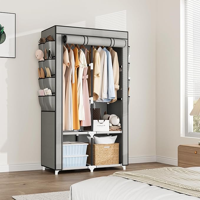 Portable Closet for Hanging Clothes, Portable Wardrobe Closet with Cover, 4 Storage Shelves, 2 Hanging Rods and 8 Side Pocket