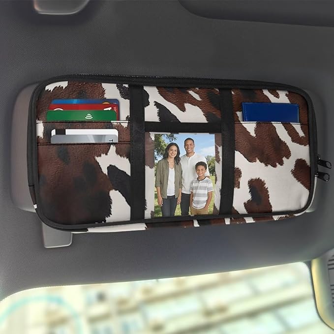 Brown Cow Print Car Sun Visor Organizer with Card Holder Sun Visor Organizer Easy to Store and Install Universal Size Fit for Most Cars SUV