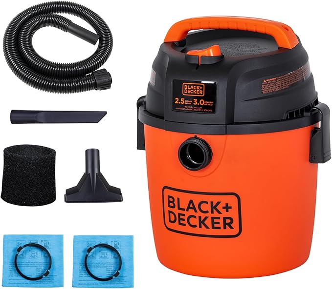BLACK+DECKER 2.5 Gallon Shop Vac, 3 HP Wet Dry Vacuum with Powerful Suction, Portable for Garage Car and Home Use, Pet Hair C