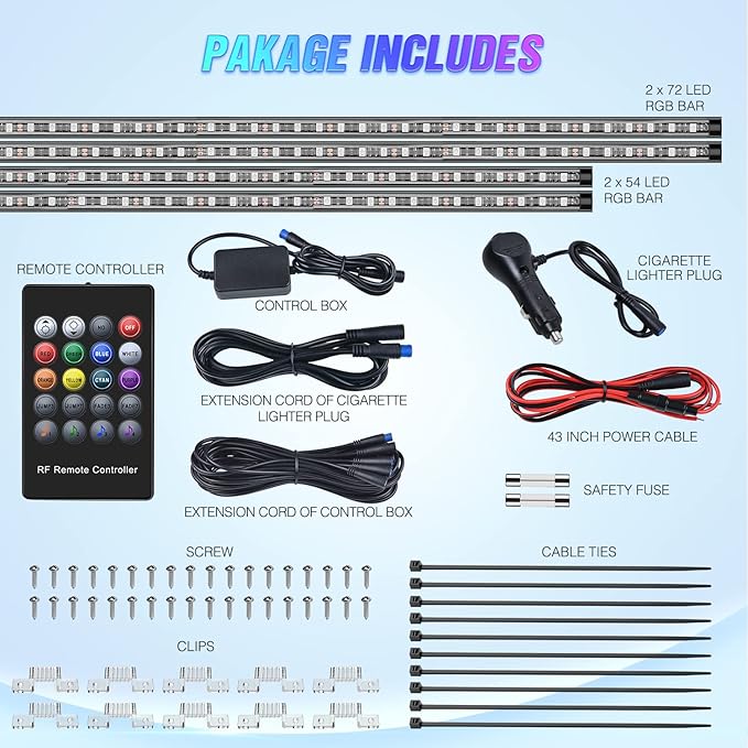 Nilight 4Pcs Car Underglow Neon Accent Strip Lights 252 LEDs RGB 8 Color Sound Active Function Music Mode with Wireless Remote Control Underbody Light Strips for Cars Van SUV Truck