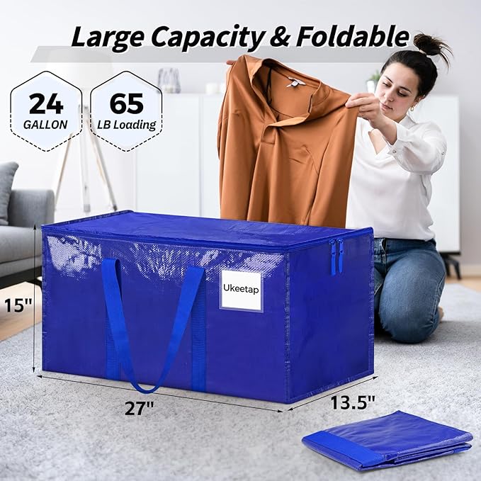 16 Pack Extra Large Heavy Duty Moving Bags, Blue Storage Bins with Lids, Reinforced Handles & Heavy-Duty Zippers Moving Boxes