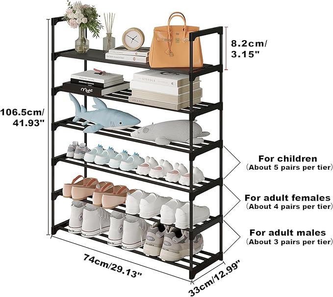 Calmootey 6-Tier Shoe Rack, Tall Large Capacity 30 Pairs Shoes Storage Organizer, Stackable Wide Shoe Shelf for Entryway, Hal