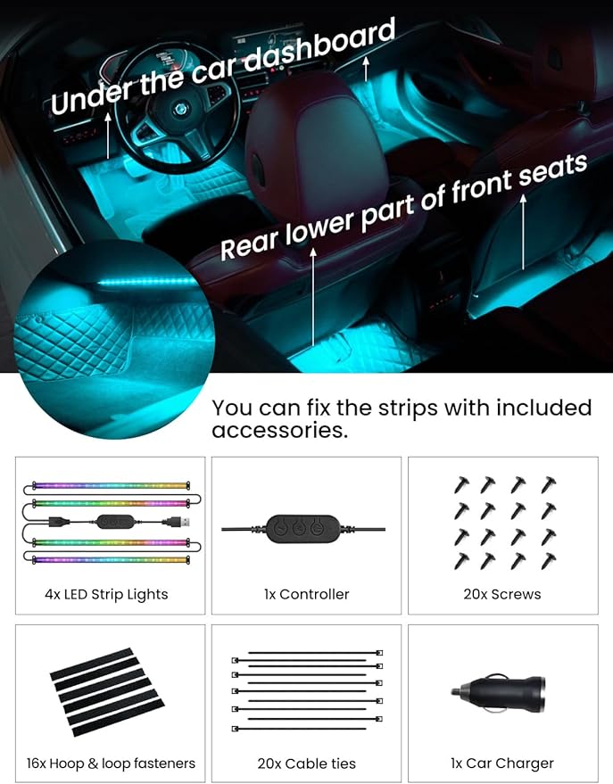 RGB+IC Car LED Lights, Smart 72 LED Car Interior Lights with App Control, 16 Million Colors Under Dash Light with Music Mode, Scene Mode, 2 Lines Design Light for Cars SUVs Trucks with Car Charger
