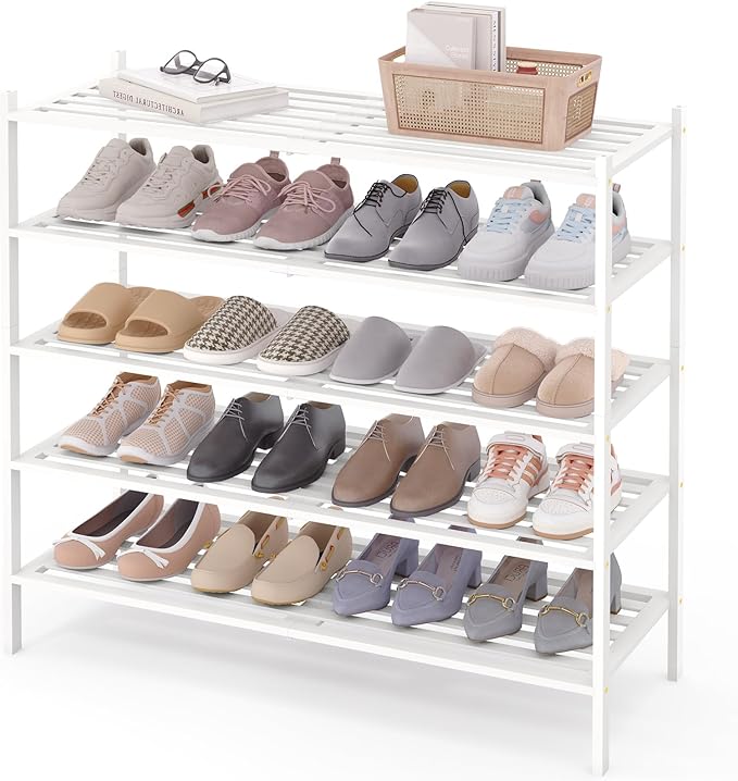 Smiry Long Bamboo Shoe Rack 5-Tier, Stackable Wooden Shoe Organizer for Entryway & Closet, Free Standing Wood Shoe Storage Sh