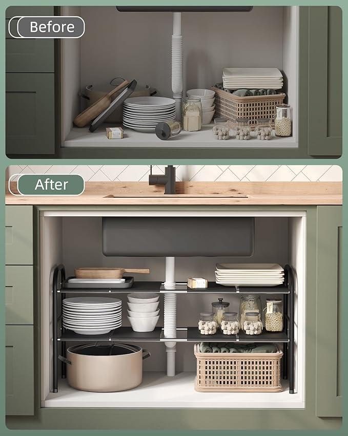 NETEL Under Sink Organizers and Storage, 2 Tier Expandable Under Cabinet Organizer Shelf with 8 Removable Panels,Expandable S