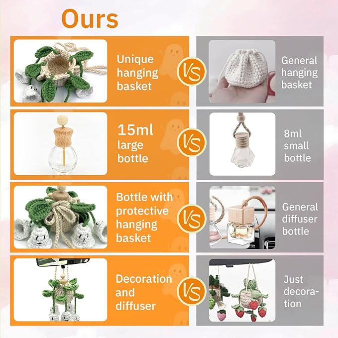 Crochet Glowing Ghost Car Air Freshener, Halloween Car Decor, 15ml Refillable Oil Diffuser Bottle with Hanging Crochet Decor 