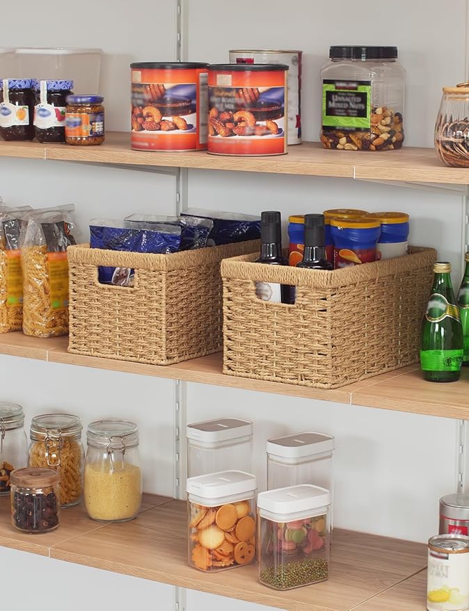 StorageWorks Round Paper Rope Storage Baskets, Rectangular Wicker Baskets with Built-in Handles, Medium, 13 ¼ x 8 ½ x 7 ¼ inc