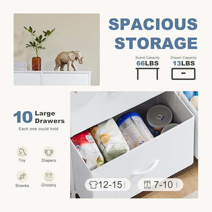 DUMOS Dresser for Bedroom, 10 Storage Drawers, Wide Fabric Closet Chests Organizer Tower Furniture with Wooden Top Metal Fram