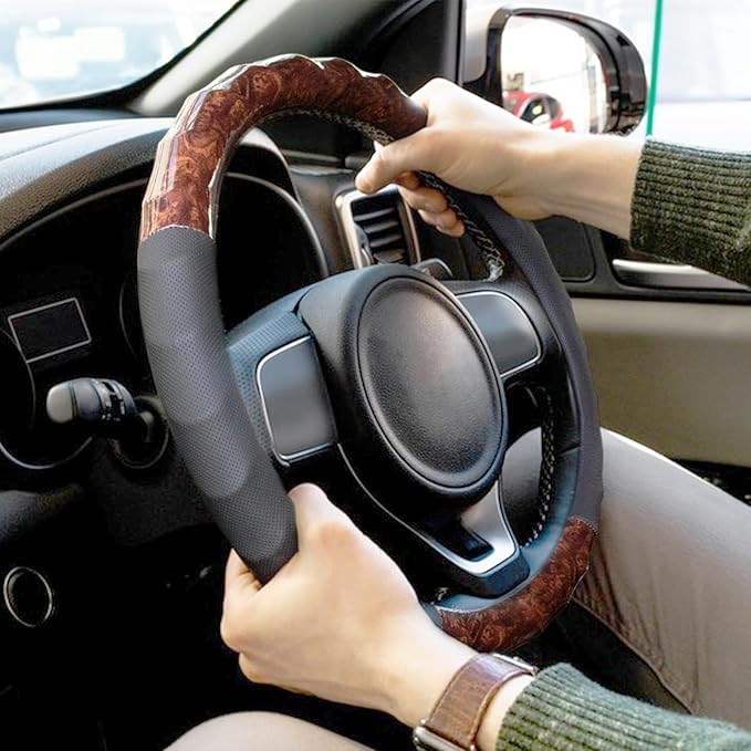 KAFEEK Wood Grain Steering Wheel Cover, Universal 15 Inch, Car Steering Wheel Protector Men Women, Comfort Finger Grips, Brea