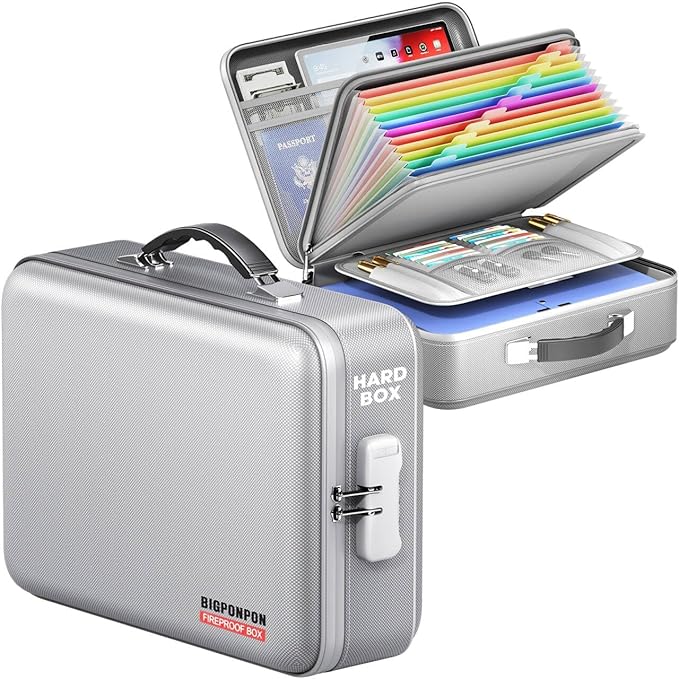 Fireproof Document Box, Hard Case Highly Flame-Resistant Fire Proof Waterproof File Organizer with Lock, Portable Fire Safe f