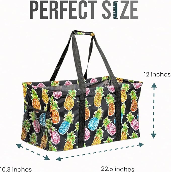 Extra Large Utility Tote Bag - Oversized Collapsible Reusable Wire Frame Rectangular Canvas Basket With Two Exterior Pockets For Beach, Pool, Laundry, Car Trunk, Storage - Pineapple