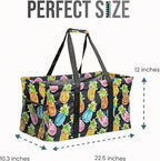 Extra Large Utility Tote Bag - Oversized Collapsible Reusable Wire Frame Rectangular Canvas Basket With Two Exterior Pockets For Beach, Pool, Laundry, Car Trunk, Storage - Pineapple