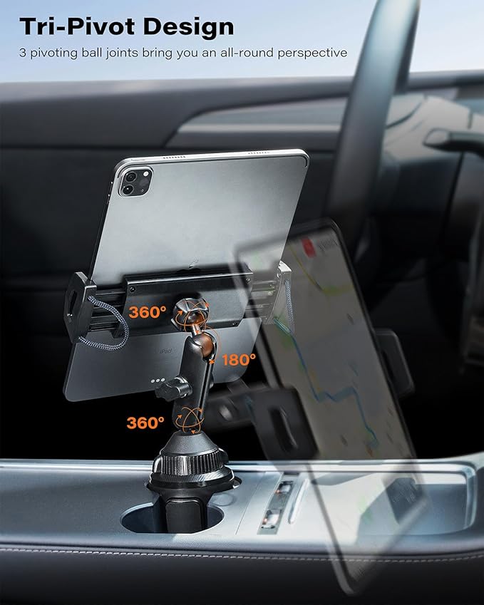 APPS2Car iPad Cup Holder Mount, Adjustable Alloy Arm for Car, Tablet Mount Road Trip Essentials Compatible With 4.7"-12.9" Cell Phones & Tablets
