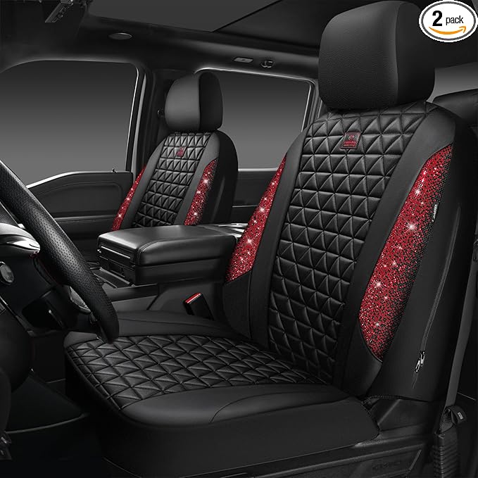 CAR PASS Bling Diamond Black Leather Car Seat Covers for 2 Front Interior Sets, Waterproof Shining Glitter Sparkly Crystal Un
