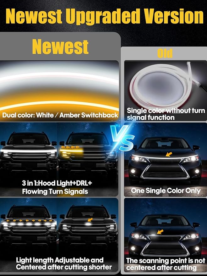 Sequential Dynamic Scan LED Hood Light Strip for Cars, Dual Color White DRL with Amber Turn Signal, Flexible Cuttable IP68 Waterproof Exterior LED Light, for Trucks SUVs Vans, 59inch 12V, 1 Set