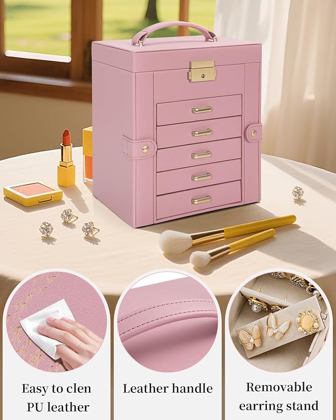 TORIBIO Large Jewelry Box for Women, Leather Jewelry Organizer with Mirror & Lock, 6-Tier Jewelry Storage Case for Girls/Wome
