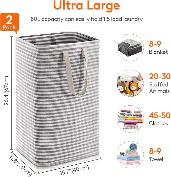 Lifewit 2 Pack Laundry Basket 80L Each, Collapsible Clothes Hamper with Reinforced Handles, Freestanding Waterproof Design fo
