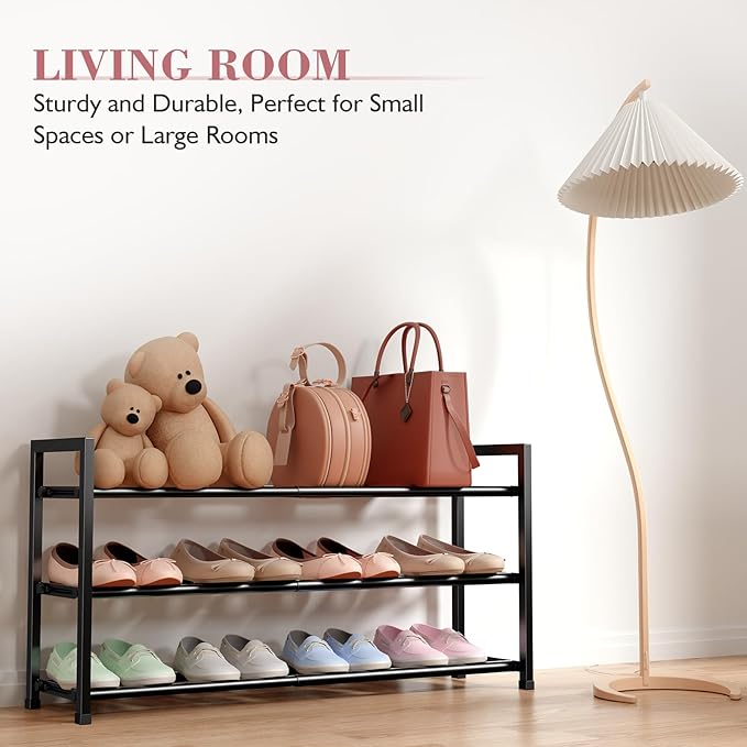 Bumusty 3-Tier Expandable Shoe Rack for Closet, 18“-33” Adjustable Shoe Rack for Small Space, Small Shoe Organizer for Front 