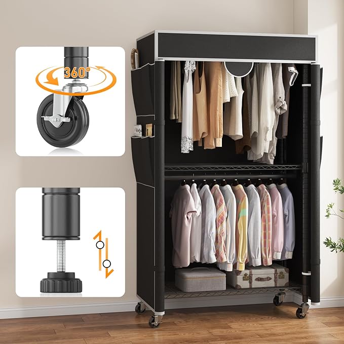 Homdox Garment Rack with Cover, Heavy Duty Clothing Rack for Hanging Clothes, Portable Closet Wardrobe, Double Rods Garment R